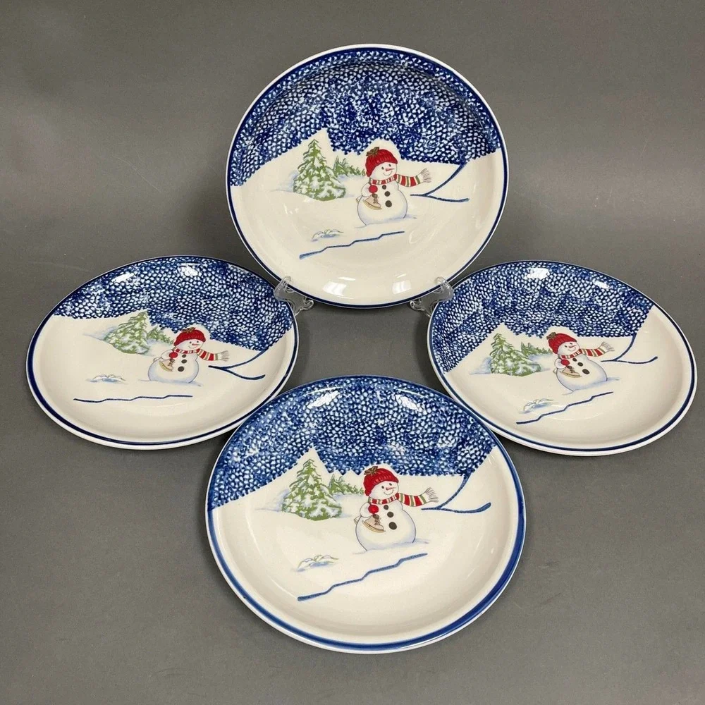 Thomson Pottery Dinner Plates Snowman Blue White‎ 10